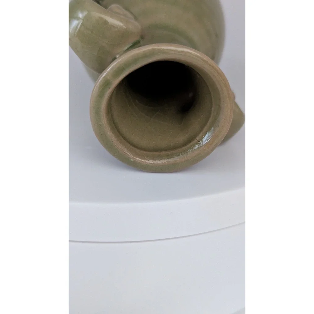 Vintage Green Ceramic Bud Vase Double Spiral Handles Ribbed Crackle Glaze 4